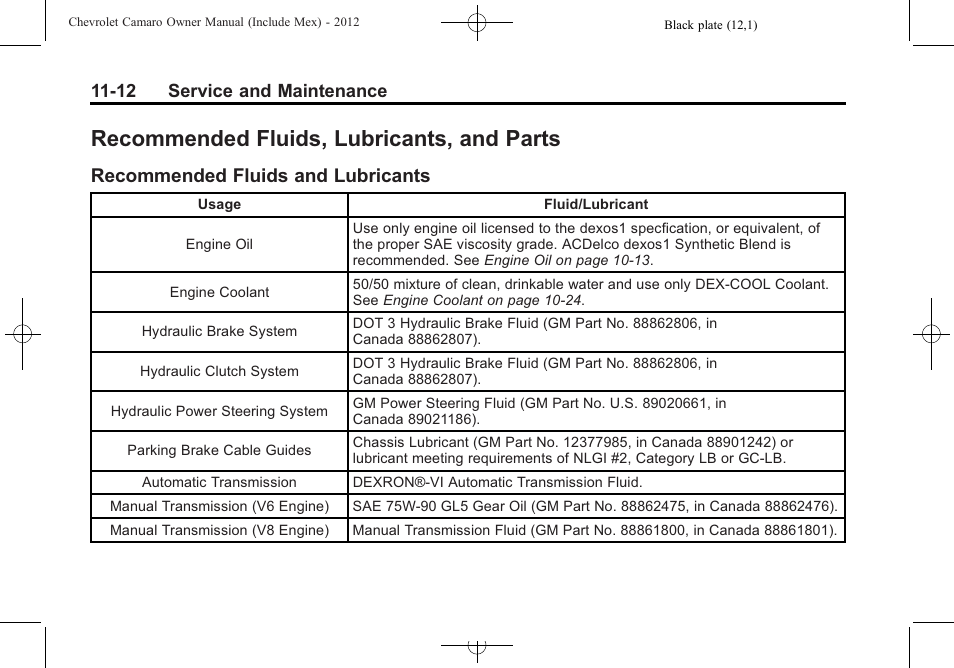 Recommended fluids, lubricants, and parts, Recommended fluids and lubricants | CHEVROLET 2012 Camaro User Manual | Page 390 / 444
