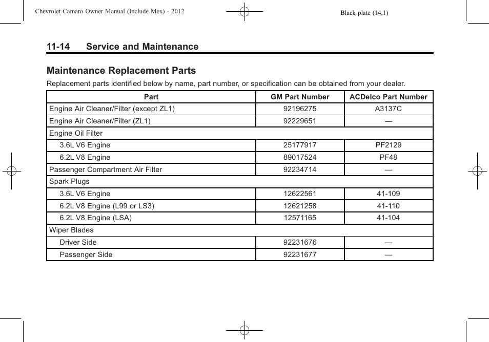 Maintenance replacement parts, 14 service and maintenance | CHEVROLET 2012 Camaro User Manual | Page 392 / 444
