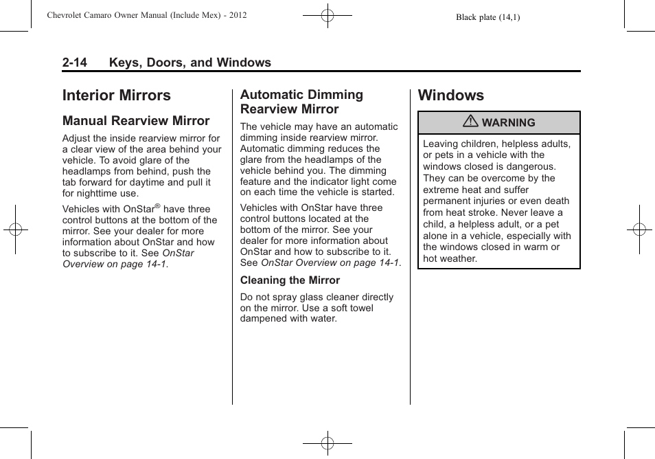 Interior mirrors, Manual rearview mirror, Automatic dimming rearview mirror | Windows | CHEVROLET 2012 Camaro User Manual | Page 40 / 444