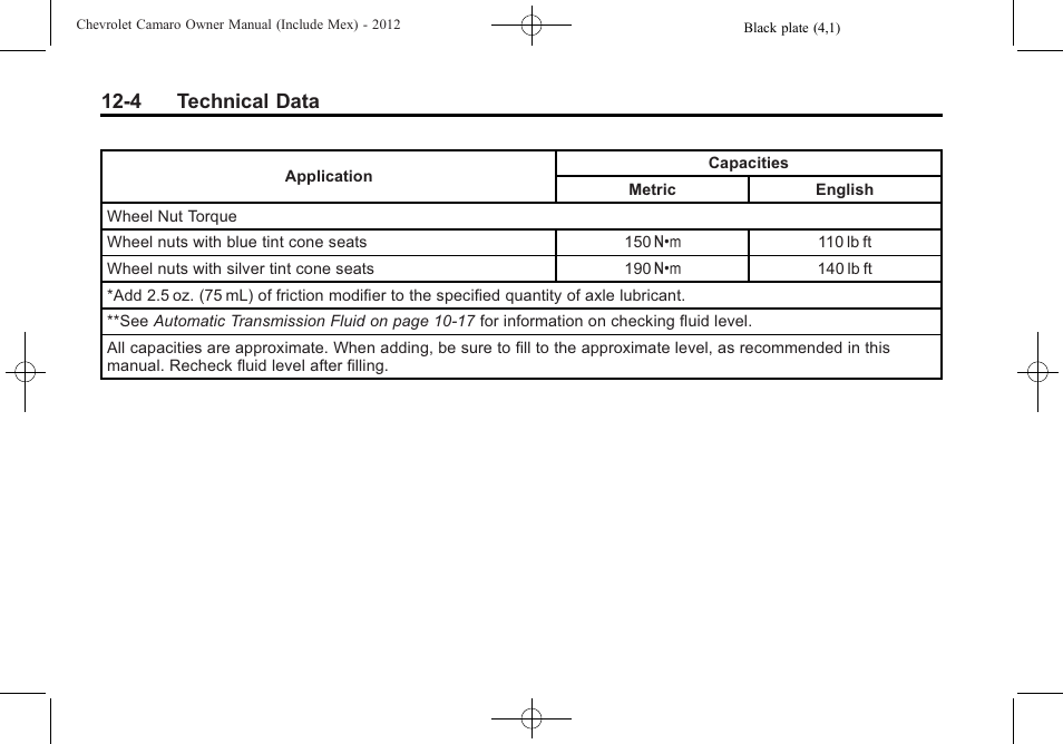 4 technical data | CHEVROLET 2012 Camaro User Manual | Page 400 / 444