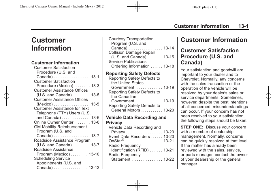 Customer information, Customer satisfaction procedure (u.s. and canada), Customer information 13-1 | CHEVROLET 2012 Camaro User Manual | Page 403 / 444