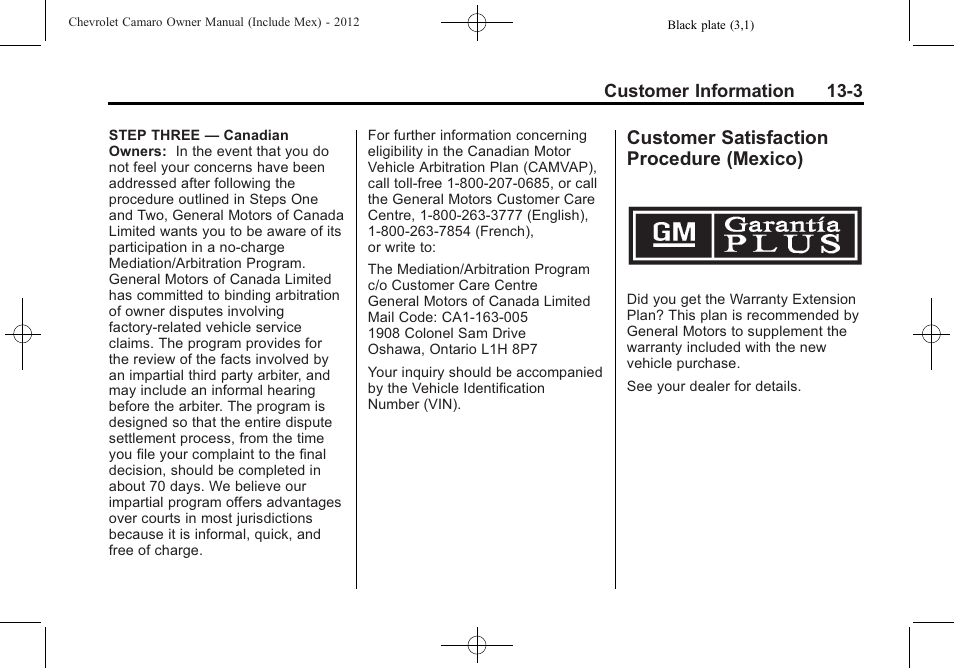 Customer satisfaction procedure (mexico) | CHEVROLET 2012 Camaro User Manual | Page 405 / 444