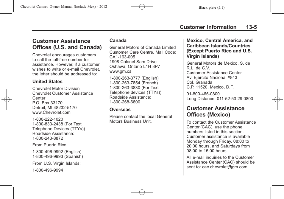 Customer assistance offices (u.s. and canada), Customer assistance offices (mexico) | CHEVROLET 2012 Camaro User Manual | Page 407 / 444