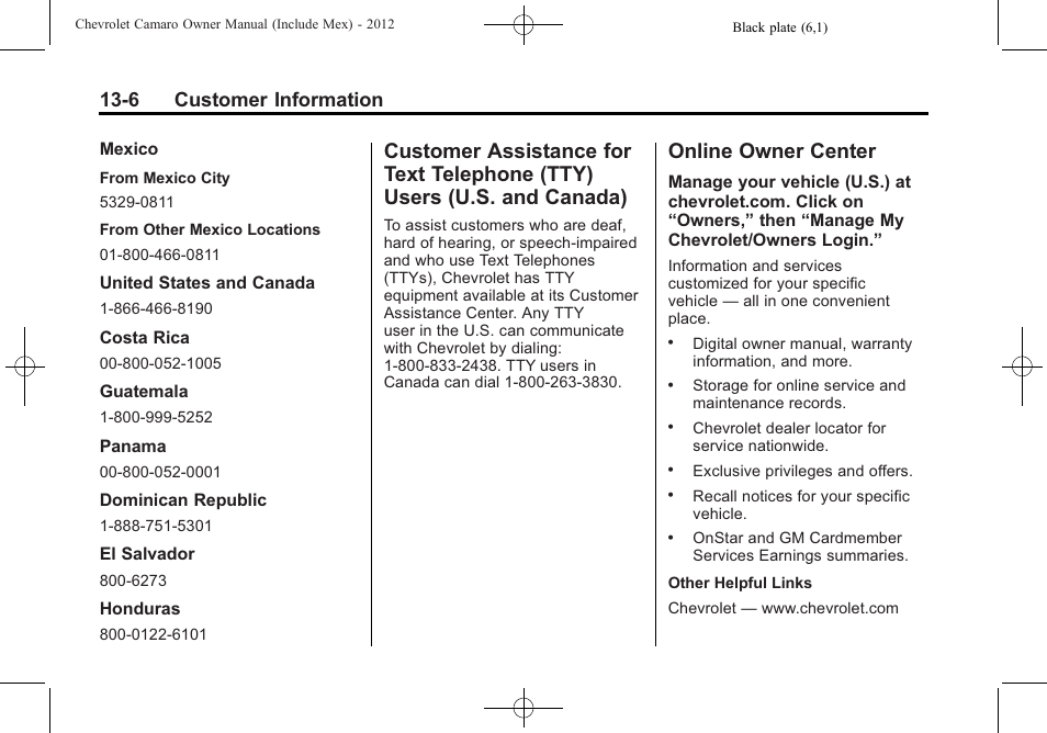 Online owner center, 6 customer information | CHEVROLET 2012 Camaro User Manual | Page 408 / 444