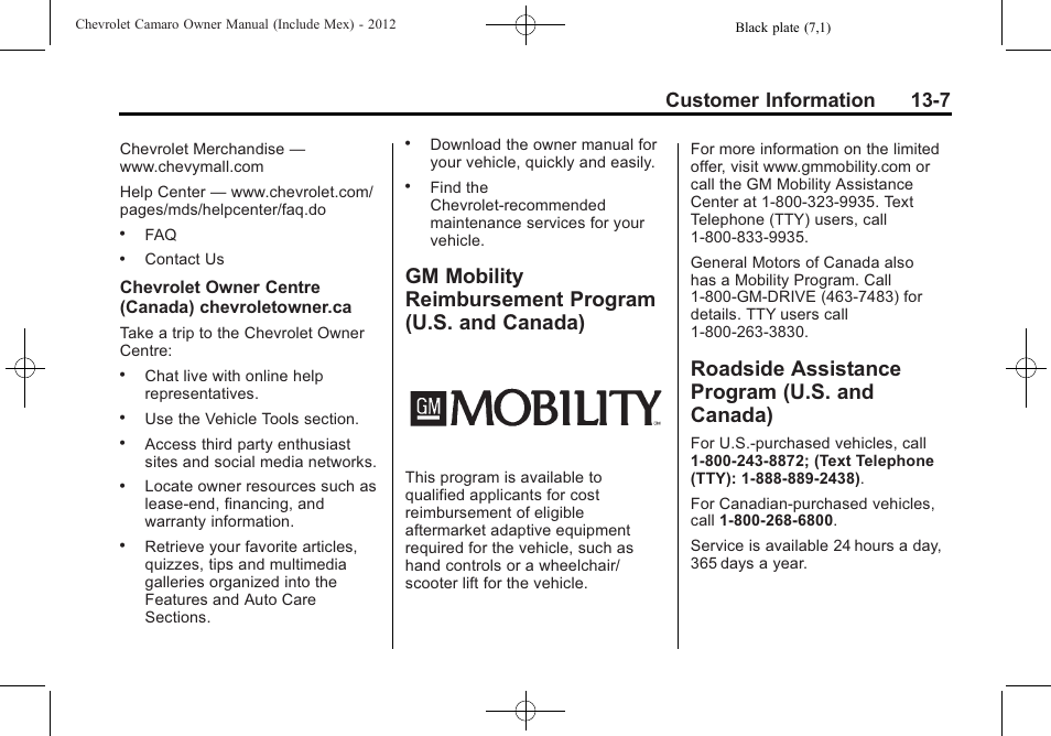 Roadside assistance program (u.s. and canada), Customer information 13-7 | CHEVROLET 2012 Camaro User Manual | Page 409 / 444