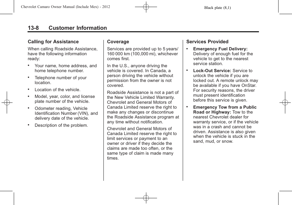 8 customer information | CHEVROLET 2012 Camaro User Manual | Page 410 / 444