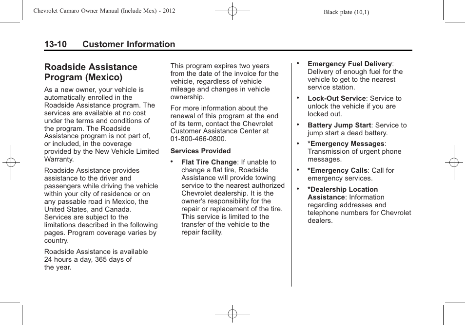 Roadside assistance program (mexico), 10 customer information | CHEVROLET 2012 Camaro User Manual | Page 412 / 444