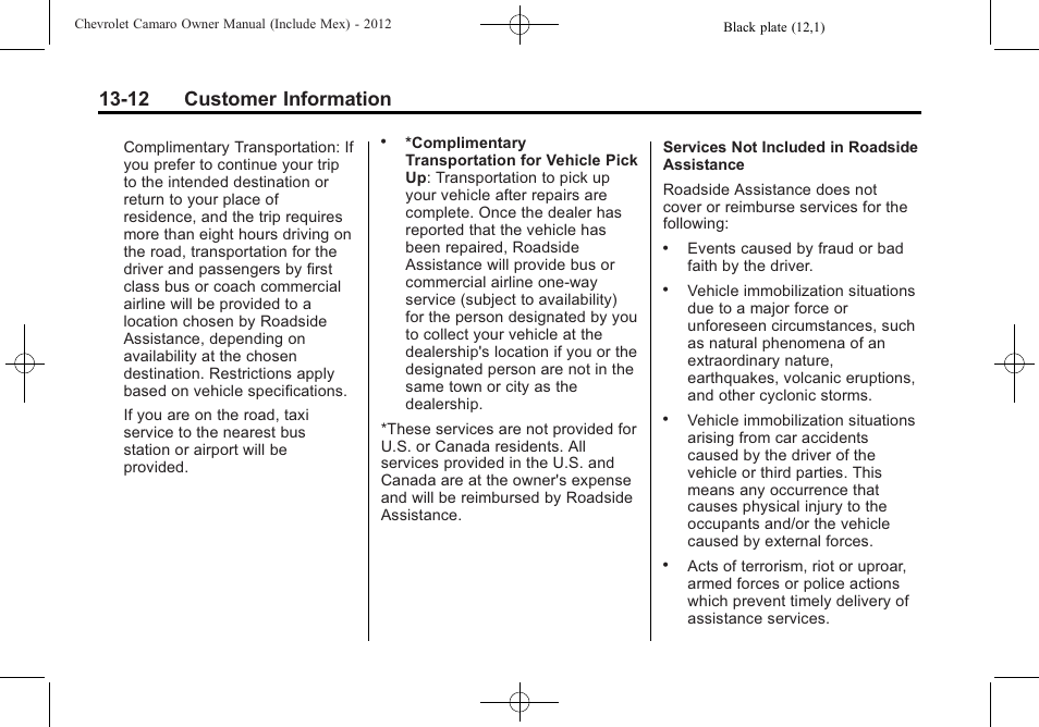 12 customer information | CHEVROLET 2012 Camaro User Manual | Page 414 / 444