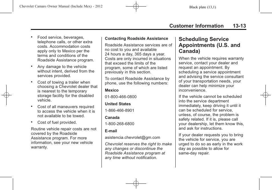 Scheduling service appointments (u.s. and canada), Customer information 13-13 | CHEVROLET 2012 Camaro User Manual | Page 415 / 444