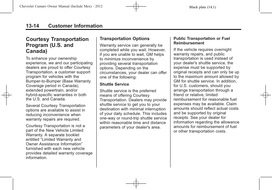 Courtesy transportation program (u.s. and canada) | CHEVROLET 2012 Camaro User Manual | Page 416 / 444