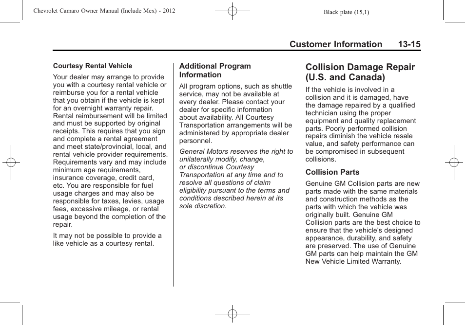Collision damage repair (u.s. and canada) | CHEVROLET 2012 Camaro User Manual | Page 417 / 444