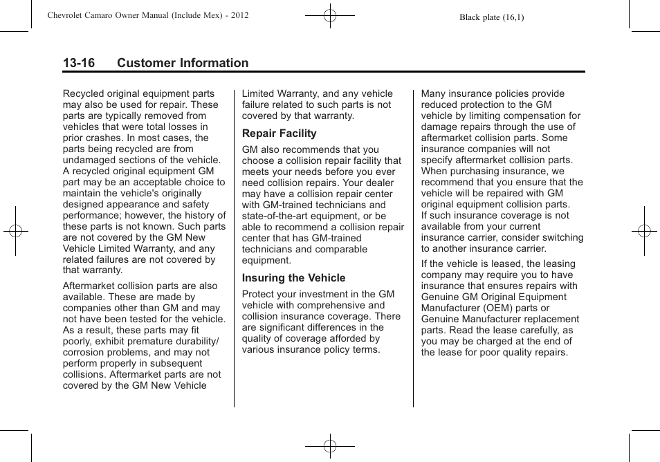 16 customer information | CHEVROLET 2012 Camaro User Manual | Page 418 / 444