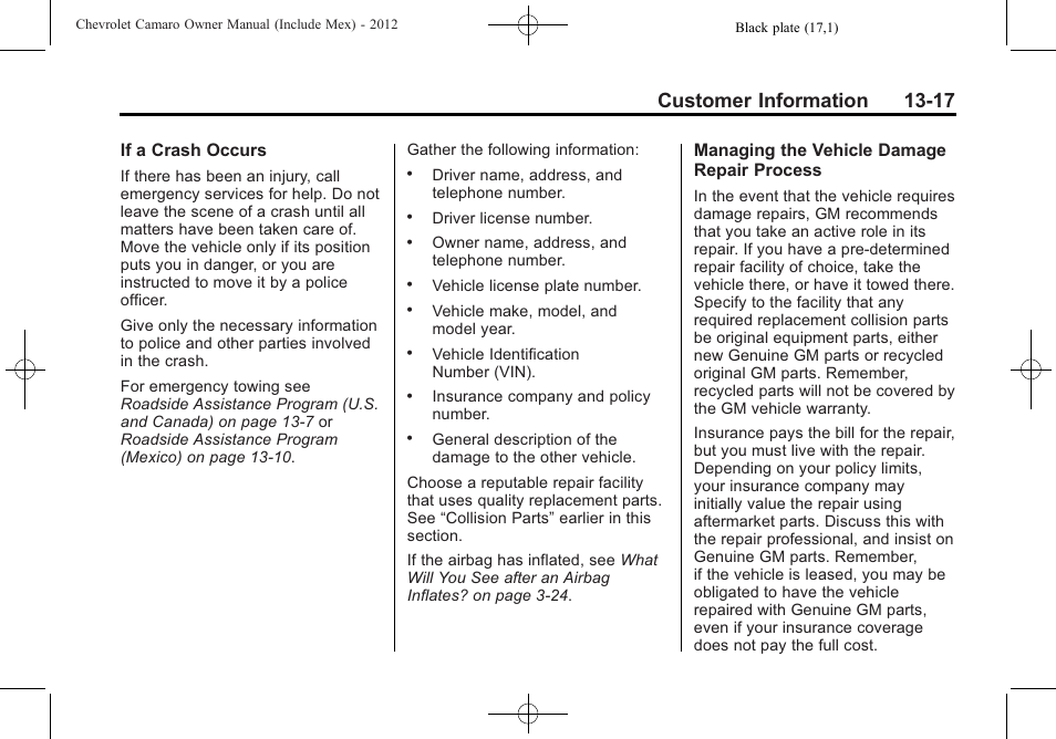 Customer information 13-17 | CHEVROLET 2012 Camaro User Manual | Page 419 / 444