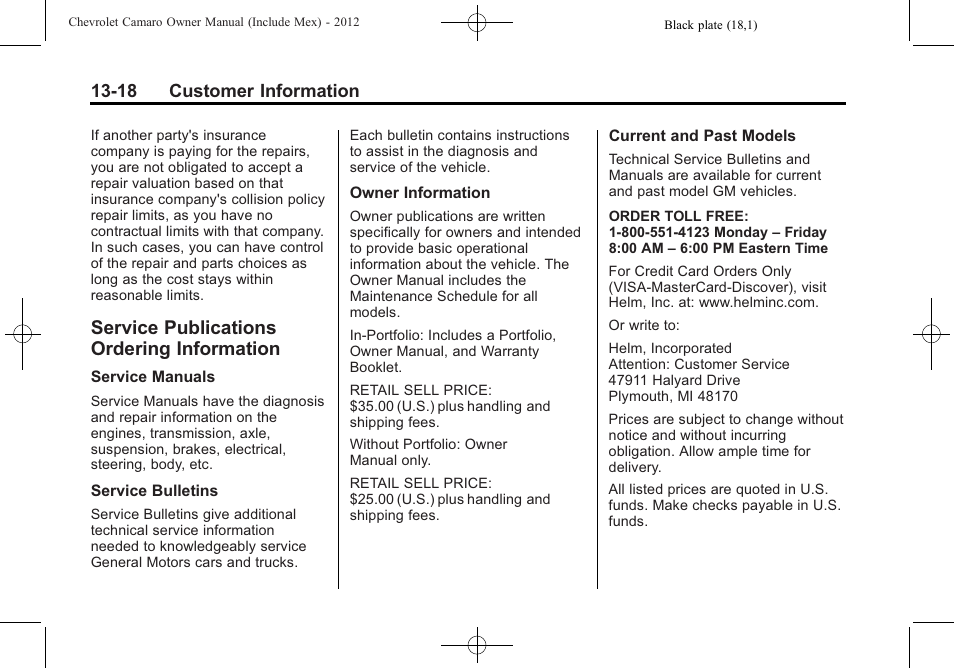 Service publications ordering information, 18 customer information | CHEVROLET 2012 Camaro User Manual | Page 420 / 444