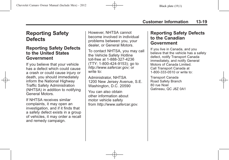 Reporting safety defects | CHEVROLET 2012 Camaro User Manual | Page 421 / 444