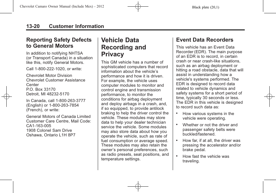 Reporting safety defects to general motors, Vehicle data recording and privacy, Event data recorders | 20 customer information | CHEVROLET 2012 Camaro User Manual | Page 422 / 444