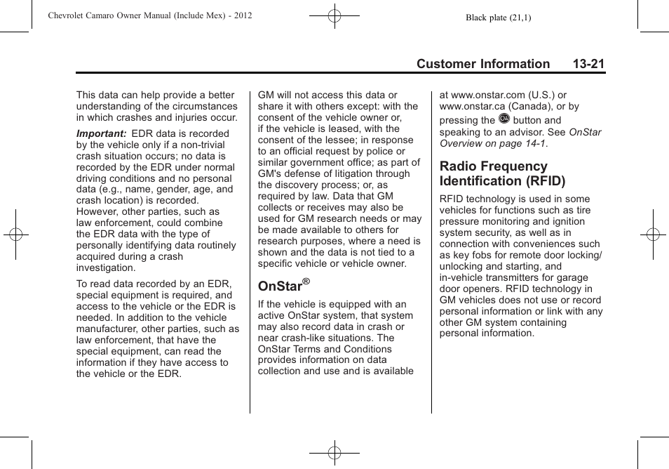 Onstar, Radio frequency identification (rfid) | CHEVROLET 2012 Camaro User Manual | Page 423 / 444