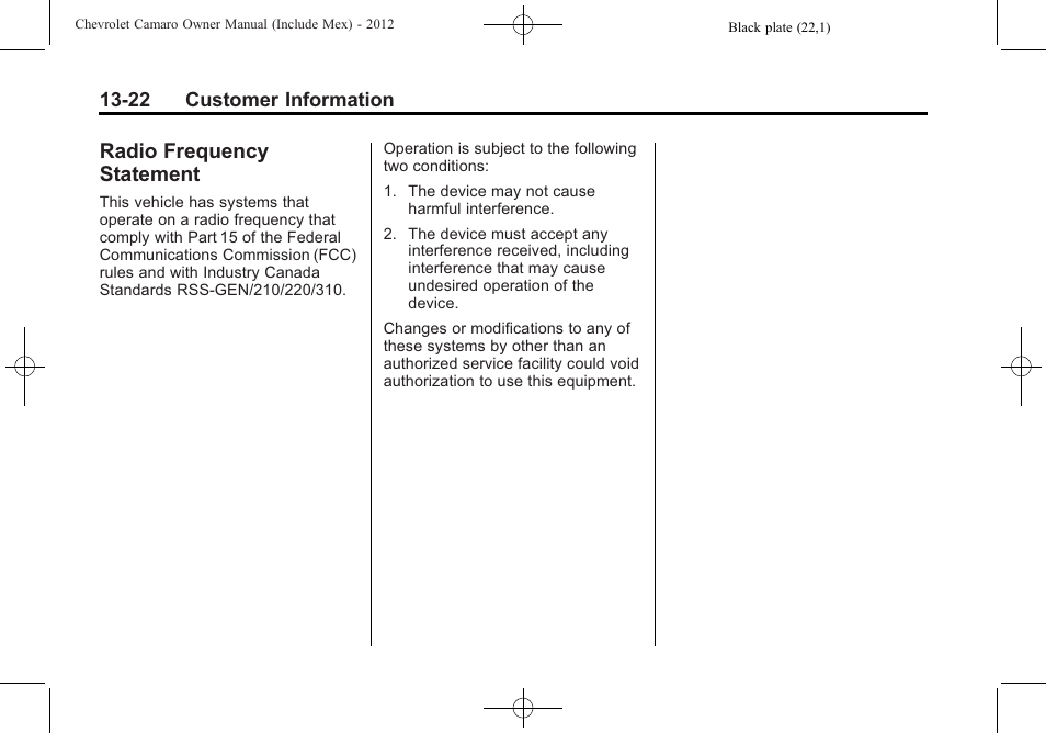 Radio frequency statement | CHEVROLET 2012 Camaro User Manual | Page 424 / 444