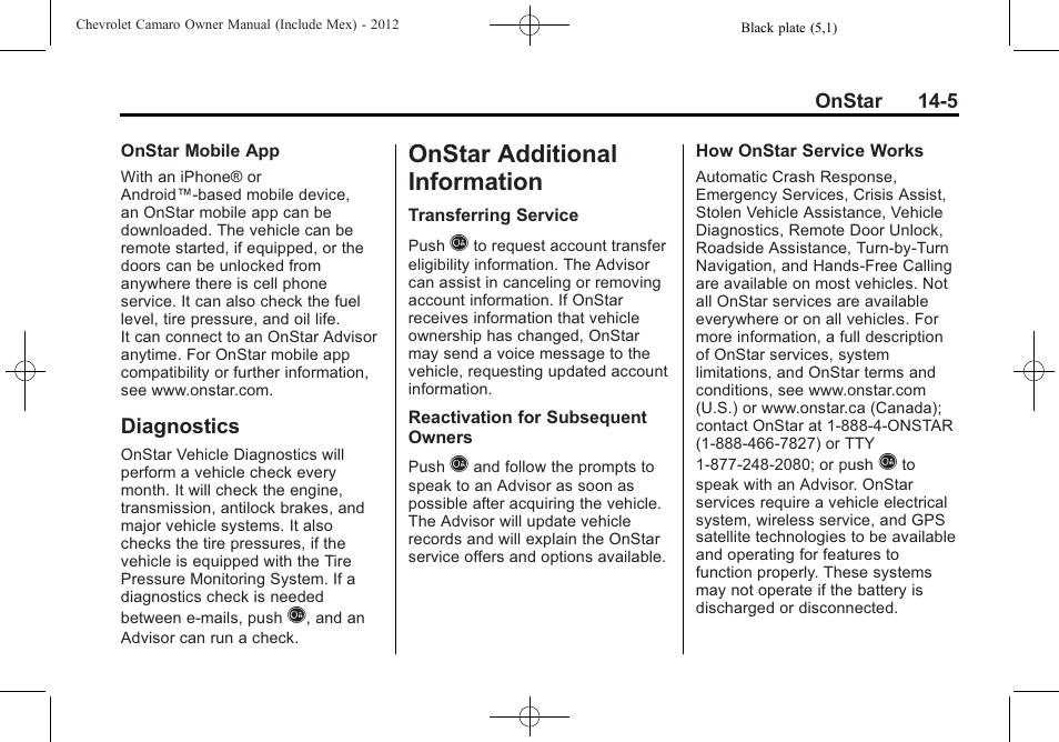 Diagnostics, Onstar additional information | CHEVROLET 2012 Camaro User Manual | Page 429 / 444