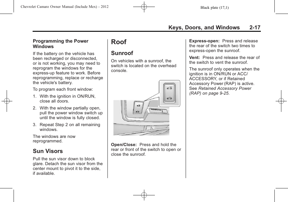 Sun visors, Roof, Sunroof | CHEVROLET 2012 Camaro User Manual | Page 43 / 444