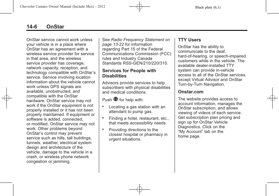 6 onstar | CHEVROLET 2012 Camaro User Manual | Page 430 / 444