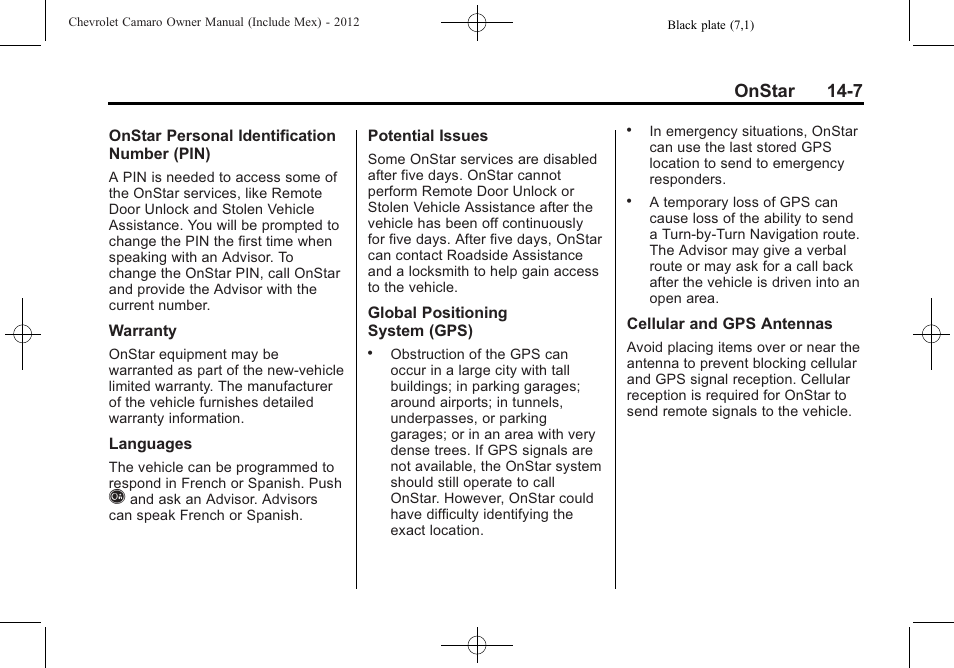 Onstar 14-7 | CHEVROLET 2012 Camaro User Manual | Page 431 / 444