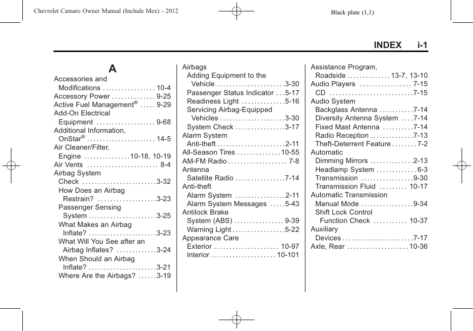 Index, Index_a, Index i-1 | CHEVROLET 2012 Camaro User Manual | Page 433 / 444