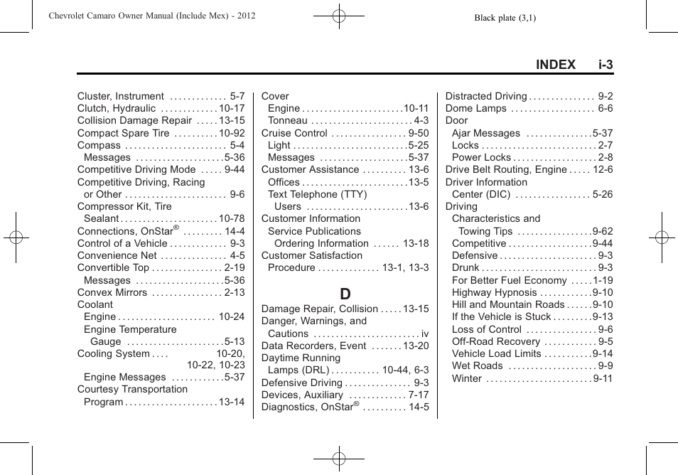 Index_d, Index i-3 | CHEVROLET 2012 Camaro User Manual | Page 435 / 444