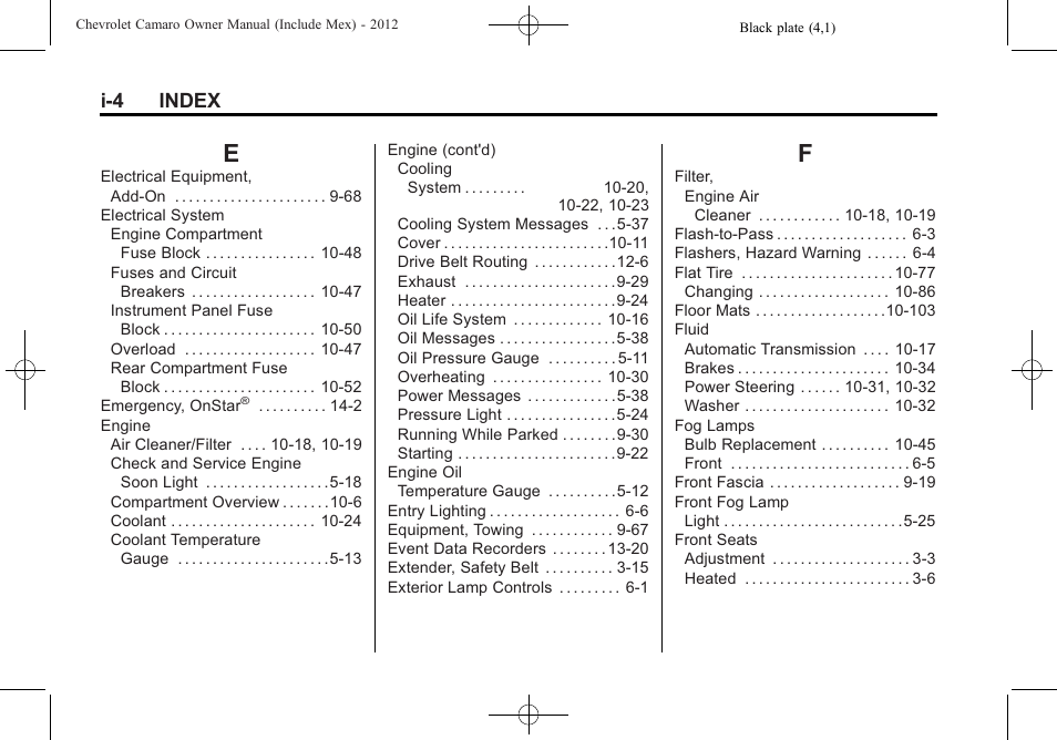 Index_e, Index_f, I-4 index | CHEVROLET 2012 Camaro User Manual | Page 436 / 444