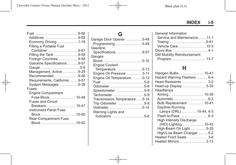 Index_g, Index_h, Index i-5 | CHEVROLET 2012 Camaro User Manual | Page 437 / 444