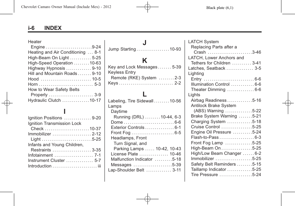 Index_i, Index_j, Index_k | Index_l | CHEVROLET 2012 Camaro User Manual | Page 438 / 444