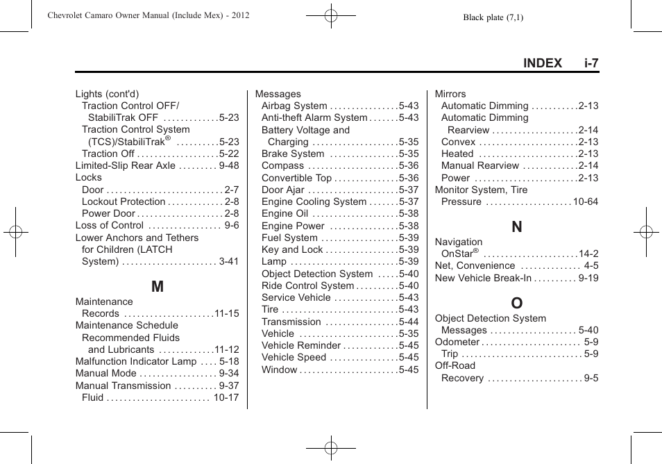 Index_m, Index_n, Index_o | Index i-7 | CHEVROLET 2012 Camaro User Manual | Page 439 / 444