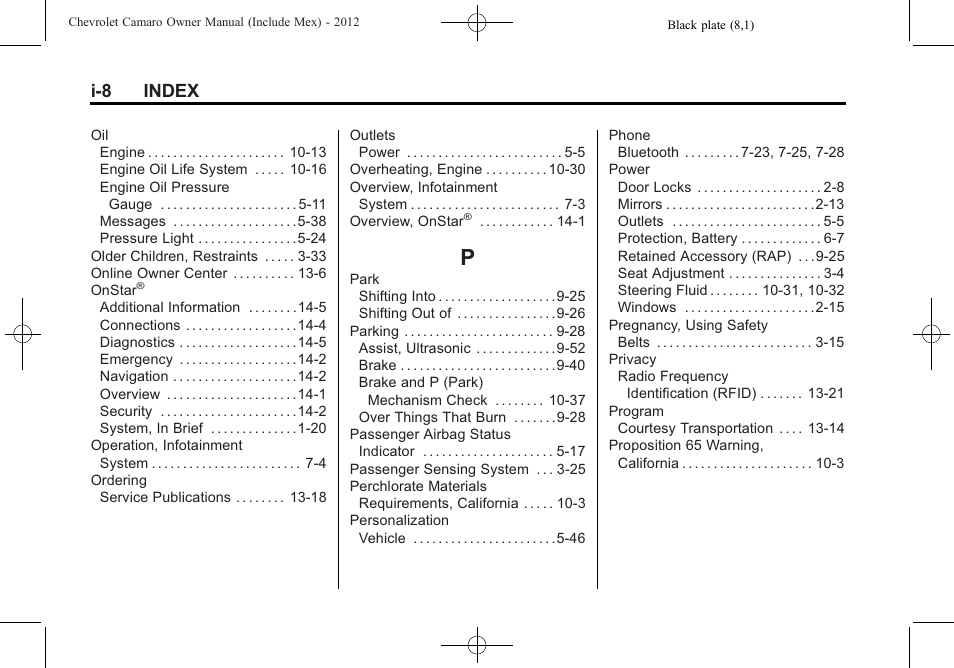 Index_p, I-8 index | CHEVROLET 2012 Camaro User Manual | Page 440 / 444