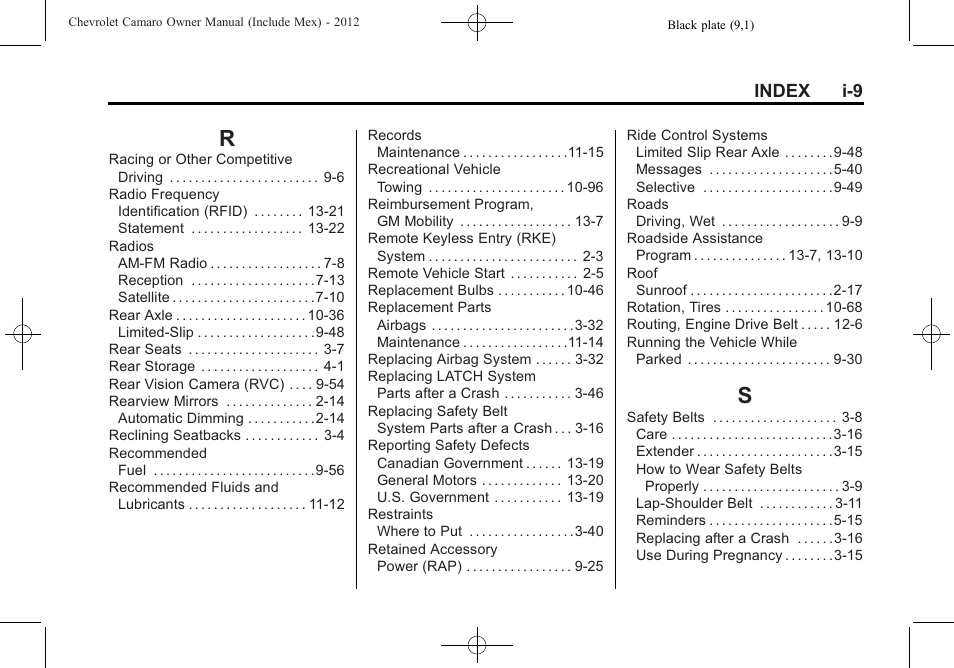 Index_r, Index_s, Index i-9 | CHEVROLET 2012 Camaro User Manual | Page 441 / 444