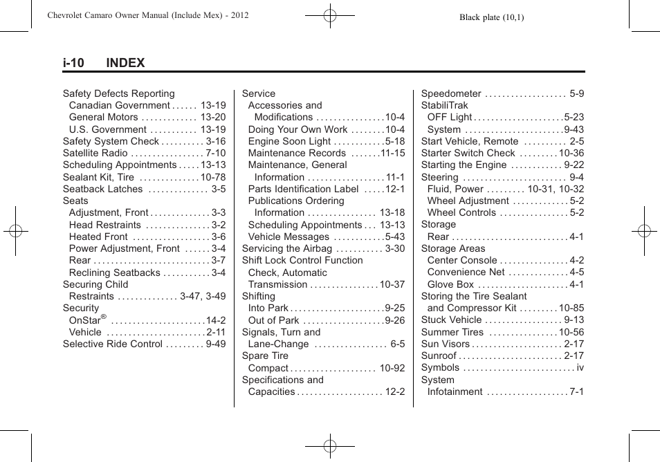 I-10 index | CHEVROLET 2012 Camaro User Manual | Page 442 / 444
