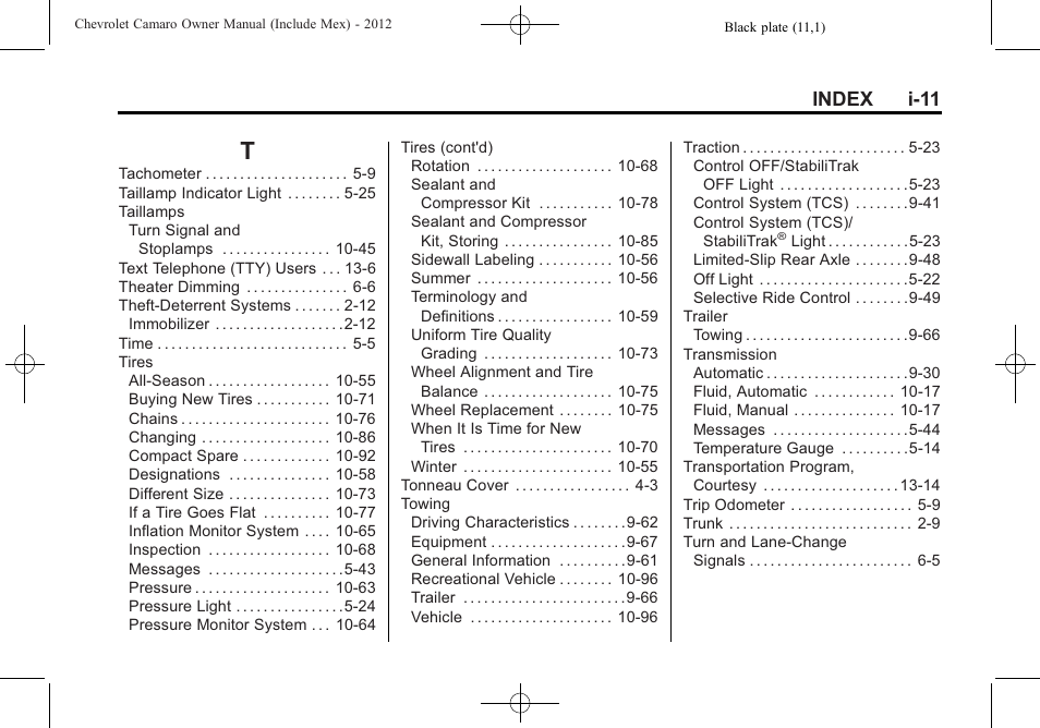 Index_t, Index i-11 | CHEVROLET 2012 Camaro User Manual | Page 443 / 444