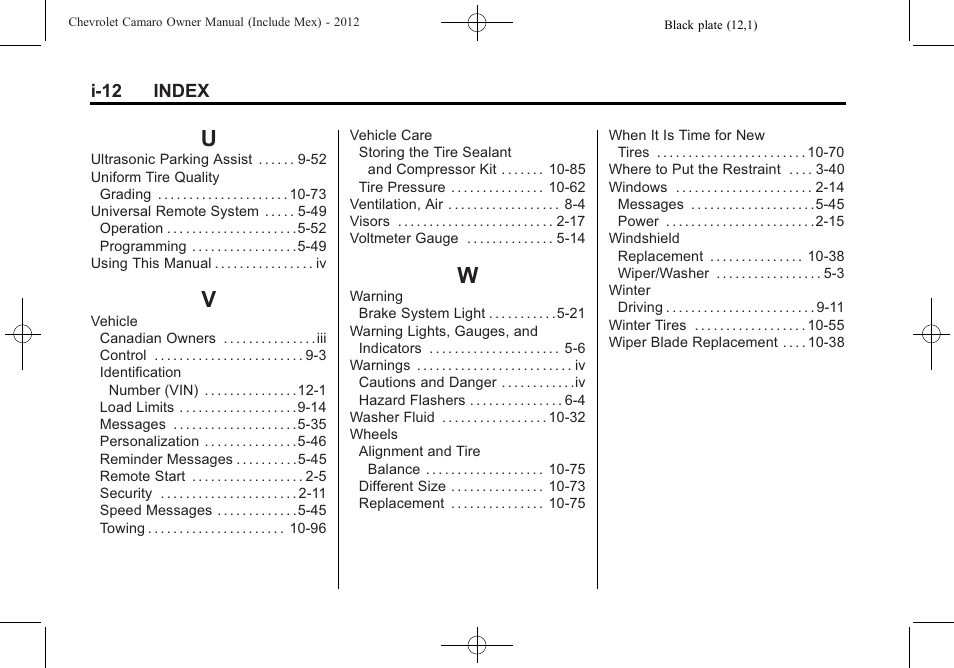 Index_u, Index_v, Index_w | CHEVROLET 2012 Camaro User Manual | Page 444 / 444