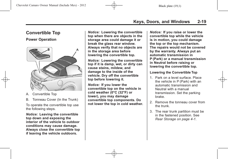 Convertible top, Keys, doors, and windows 2-19 | CHEVROLET 2012 Camaro User Manual | Page 45 / 444