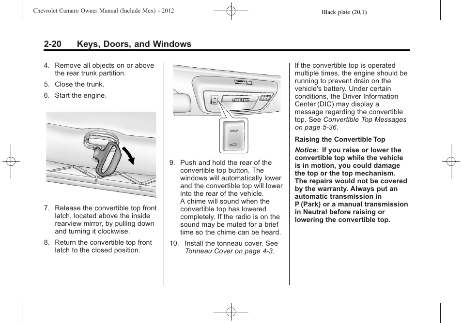 20 keys, doors, and windows | CHEVROLET 2012 Camaro User Manual | Page 46 / 444