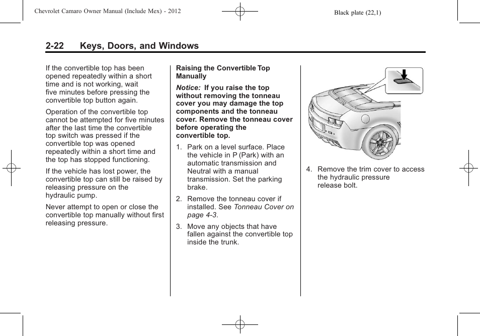 22 keys, doors, and windows | CHEVROLET 2012 Camaro User Manual | Page 48 / 444