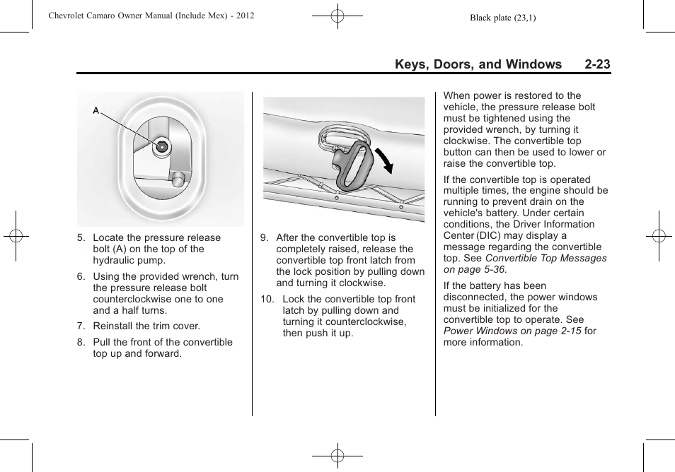 Keys, doors, and windows 2-23 | CHEVROLET 2012 Camaro User Manual | Page 49 / 444