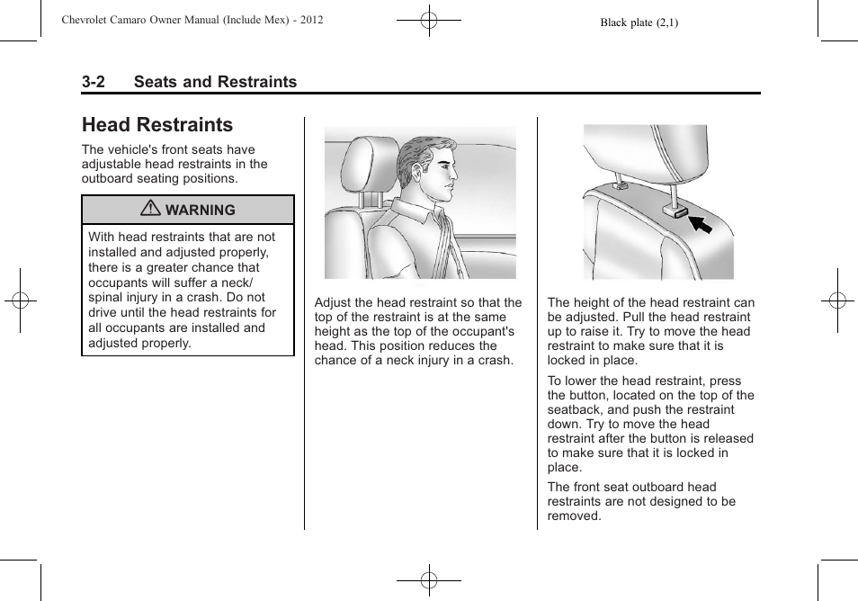 Head restraints | CHEVROLET 2012 Camaro User Manual | Page 52 / 444