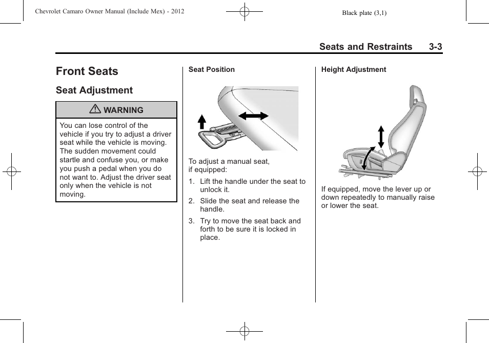 Front seats, Seat adjustment | CHEVROLET 2012 Camaro User Manual | Page 53 / 444