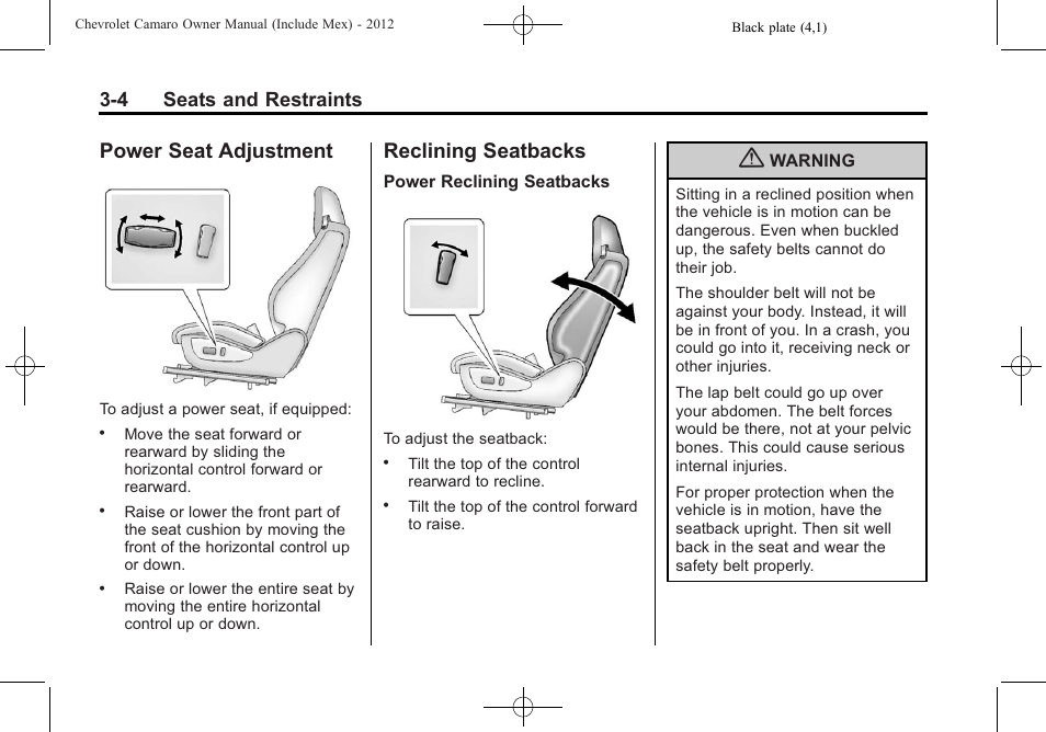 Power seat adjustment, Reclining seatbacks, 4 seats and restraints | CHEVROLET 2012 Camaro User Manual | Page 54 / 444