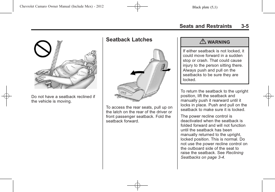 Seatback latches | CHEVROLET 2012 Camaro User Manual | Page 55 / 444