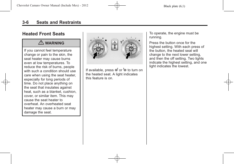 Heated front seats | CHEVROLET 2012 Camaro User Manual | Page 56 / 444