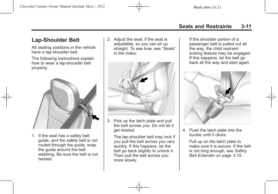 Lap-shoulder belt, Seats and restraints 3-11 | CHEVROLET 2012 Camaro User Manual | Page 61 / 444
