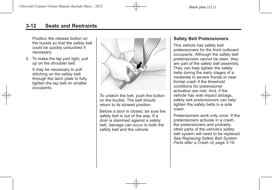 12 seats and restraints | CHEVROLET 2012 Camaro User Manual | Page 62 / 444