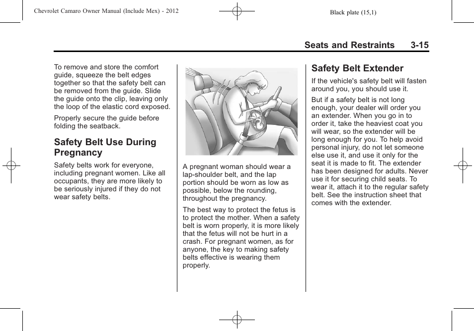 Safety belt use during pregnancy, Safety belt extender | CHEVROLET 2012 Camaro User Manual | Page 65 / 444