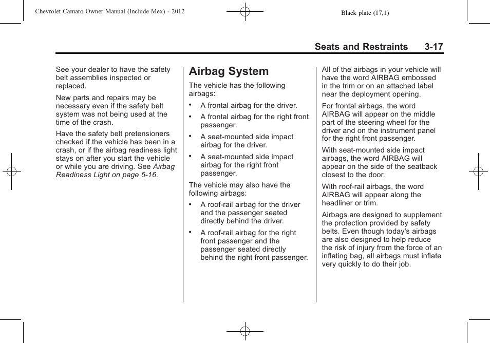 Airbag system, Seats and restraints 3-17 | CHEVROLET 2012 Camaro User Manual | Page 67 / 444